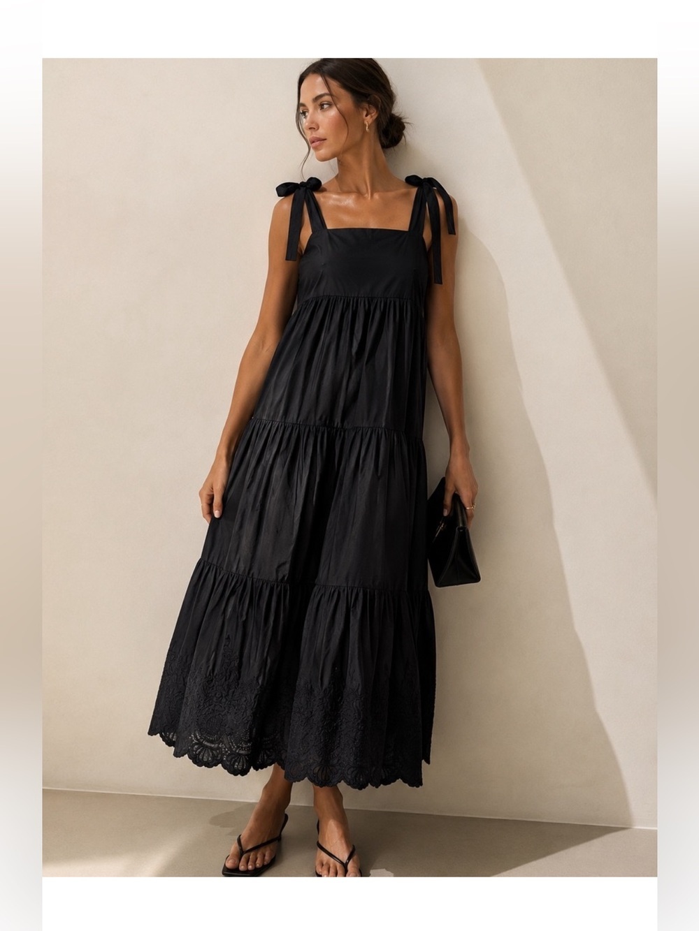 Jason Wu Shoulder Tie Embroidered Tiered Cotton Maxi Dress S Black